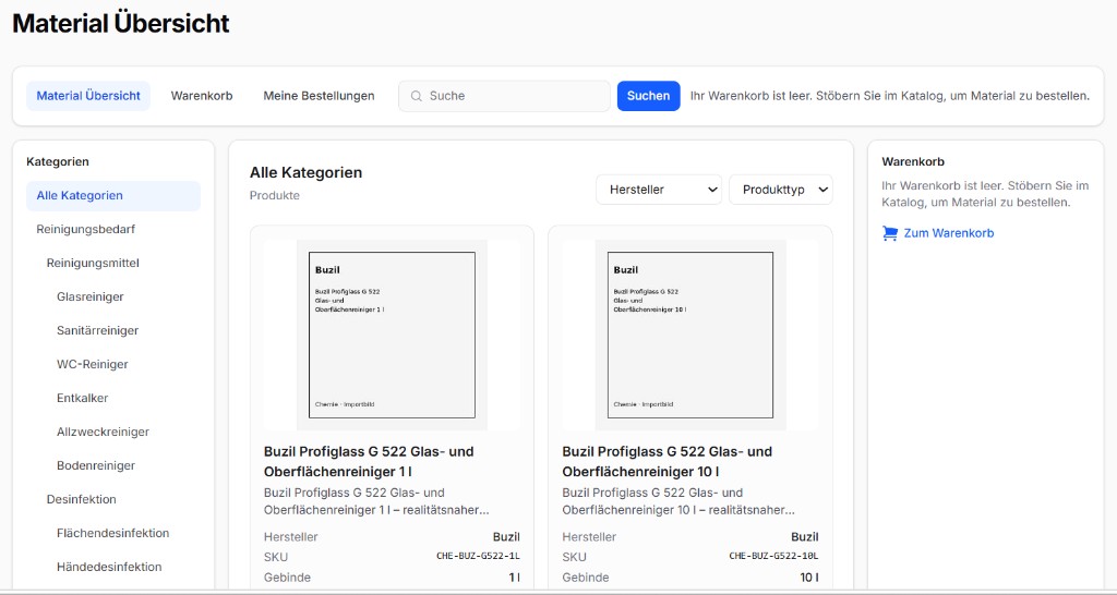 CleanOrbit Online-Shop mit Materialübersicht, Kategorien und Warenkorb