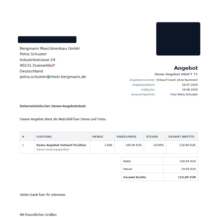 Beispiel eines in CleanOrbit erstellten Angebots-PDFs mit ausgeblendeten Adress- und Bankdaten