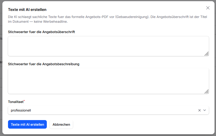 CleanOrbit Dialog zur Erstellung von Angebotstexten mit KI