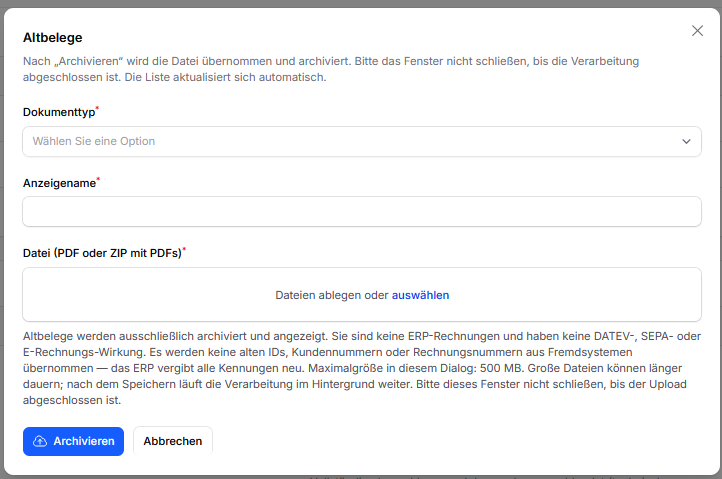 Dialog zum Archivieren bestehender Altbelege in CleanOrbit