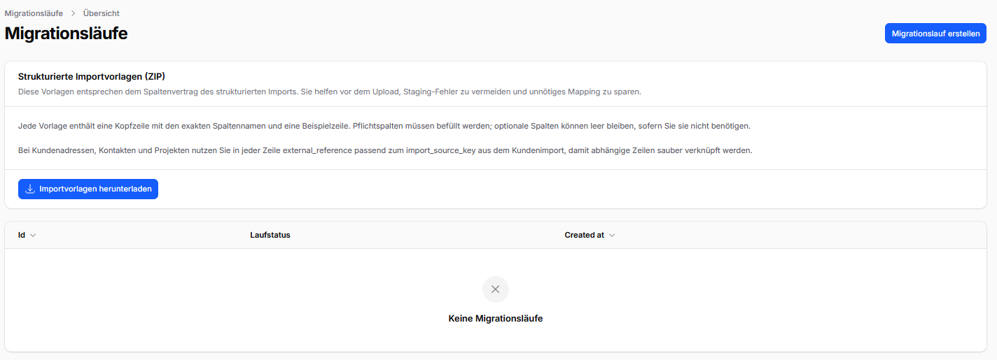Übersicht der Migrationsläufe und Importvorlagen in CleanOrbit