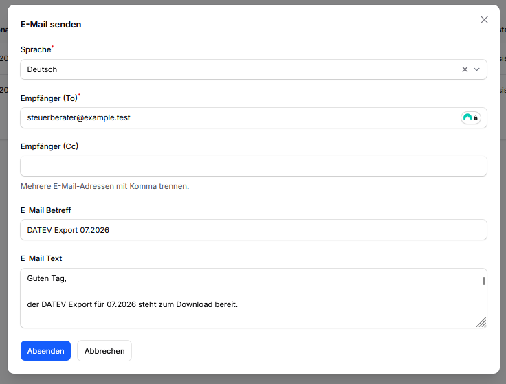 Dialog zum Versenden eines DATEV-Exports aus CleanOrbit