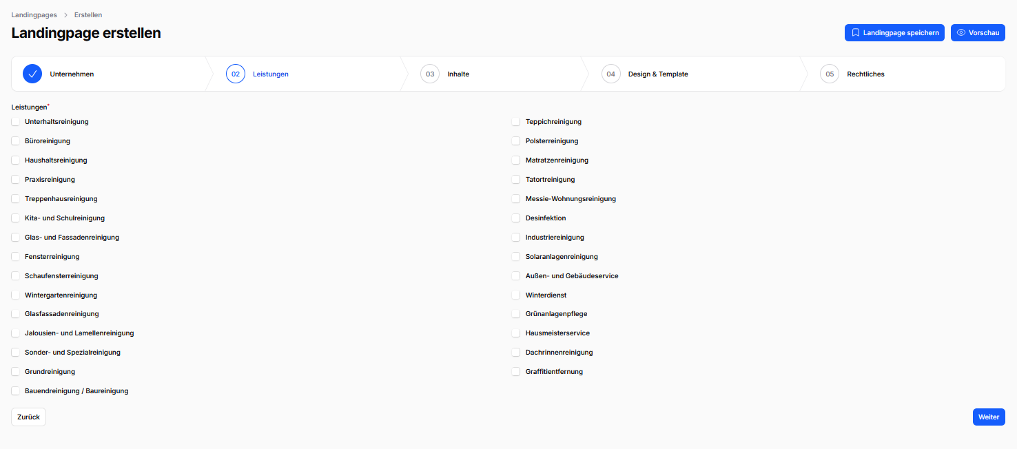 CleanOrbit Assistent zur Auswahl der angebotenen Reinigungsleistungen