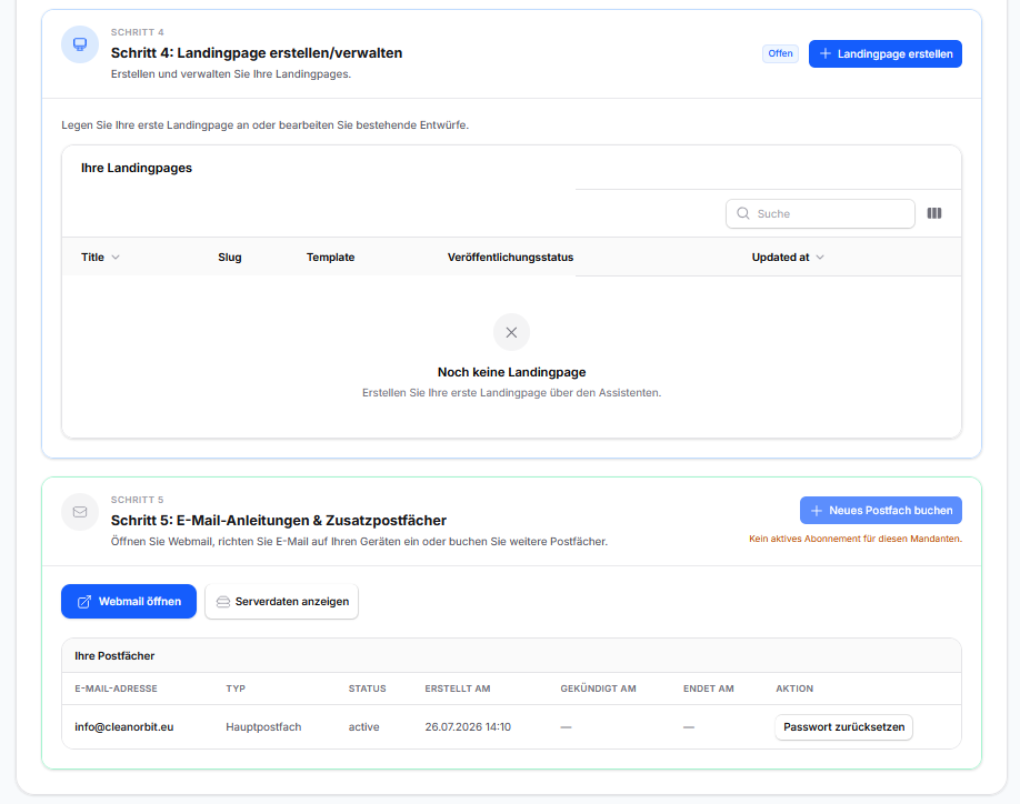 Landingpage-Verwaltung und E-Mail-Postfächer im Digitalen Starterpaket