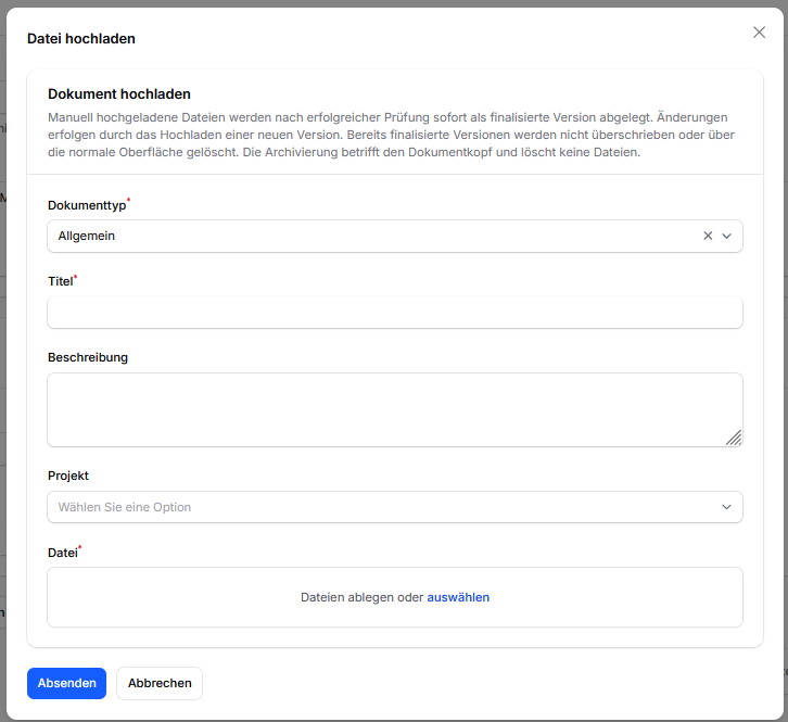 Dokument in CleanOrbit hochladen und einem Projekt zuordnen