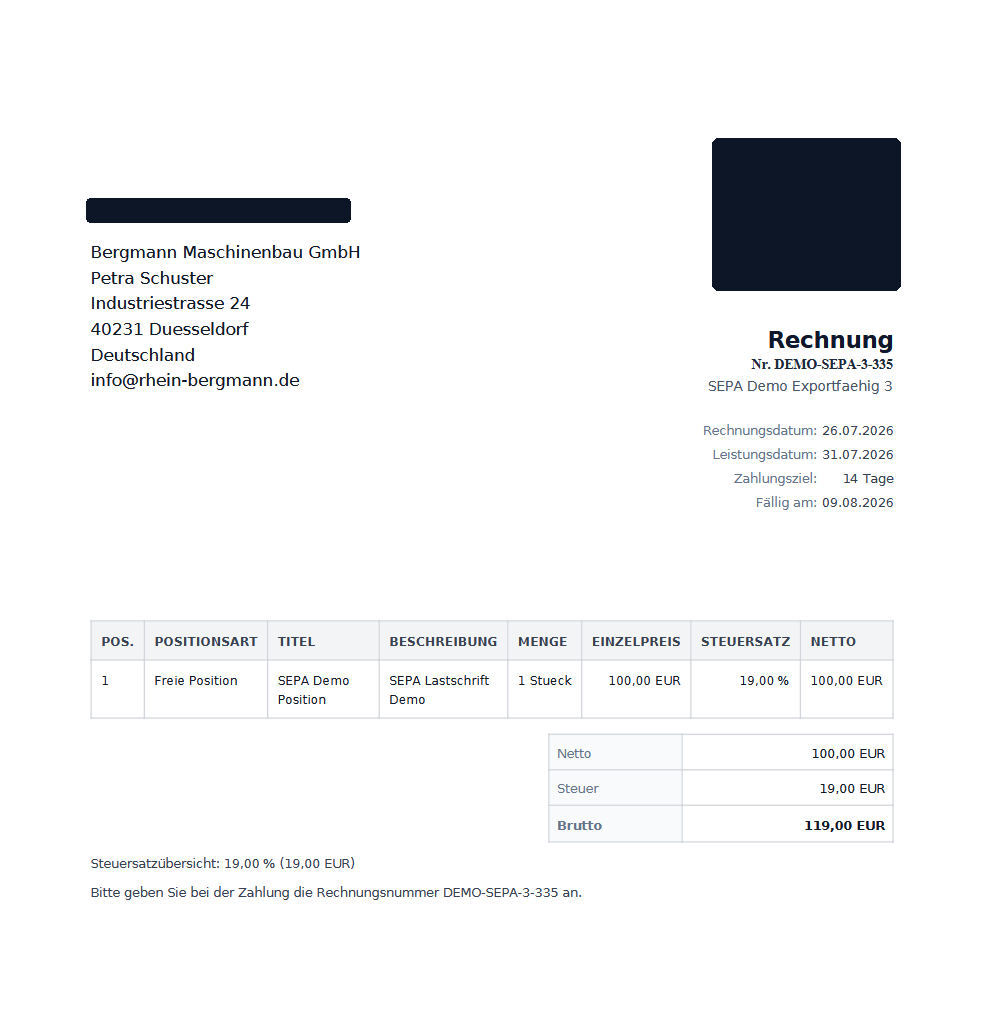 Beispiel einer ZUGFeRD E-Rechnung aus CleanOrbit mit geschwärzten Absenderdaten