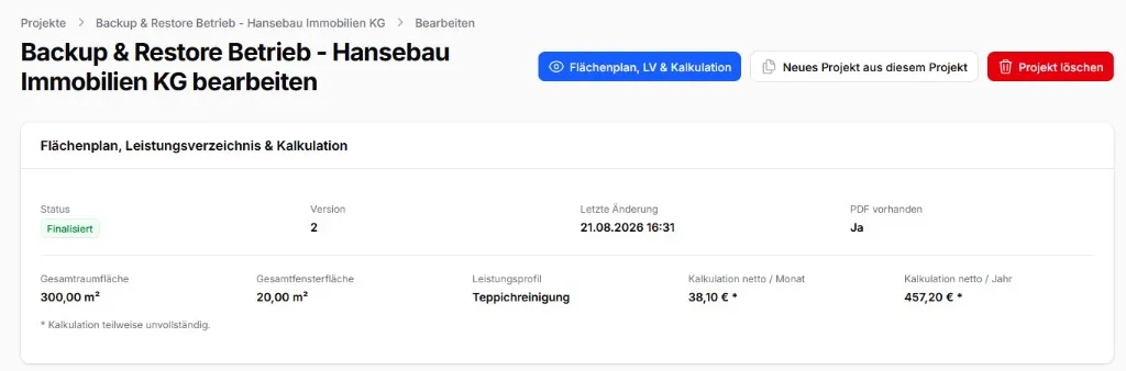 Projektübersicht mit Flächenplan, Leistungsverzeichnis und Kalkulation in CleanOrbit