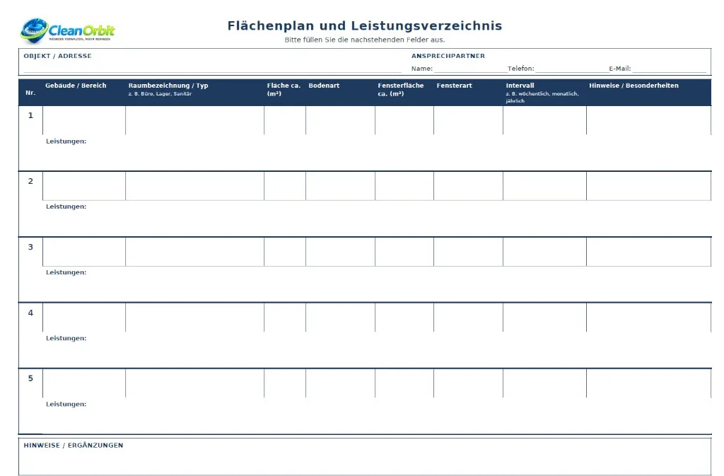 Vordruck Flächenplan und Leistungsverzeichnis von CleanOrbit
