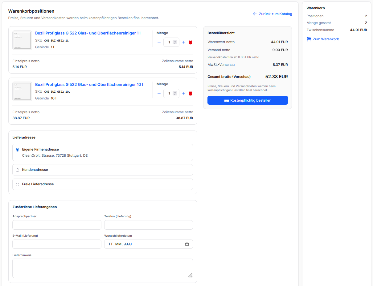 CleanOrbit Warenkorb mit Lieferadresse und Bestellübersicht