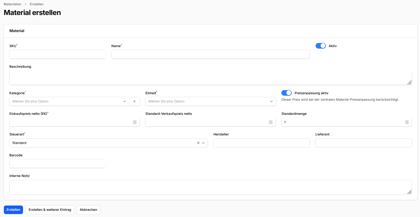 Formular zum Erstellen und Bearbeiten eines Materials in CleanOrbit