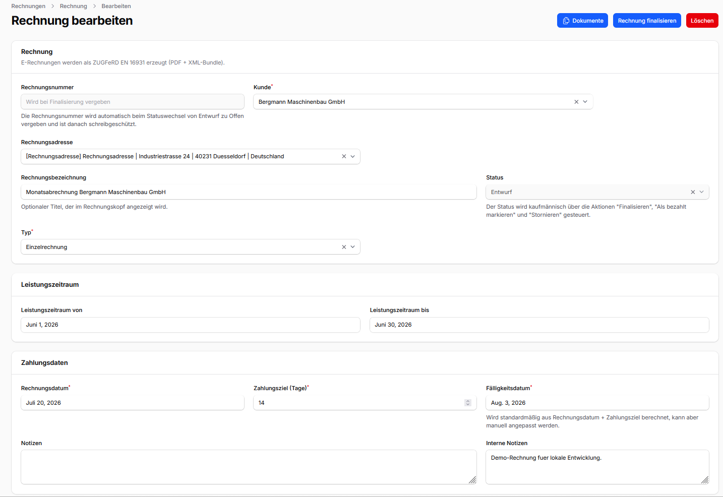 CleanOrbit Formular zum Erstellen und Bearbeiten einer Rechnung