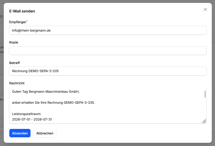 E-Mail-Dialog zum Versenden einer Rechnung aus CleanOrbit