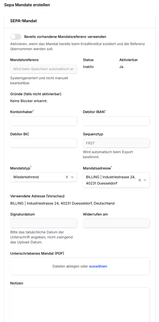 Formular zum Erstellen eines SEPA-Mandats in CleanOrbit