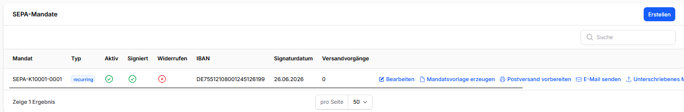 Übersicht der SEPA-Mandate in CleanOrbit