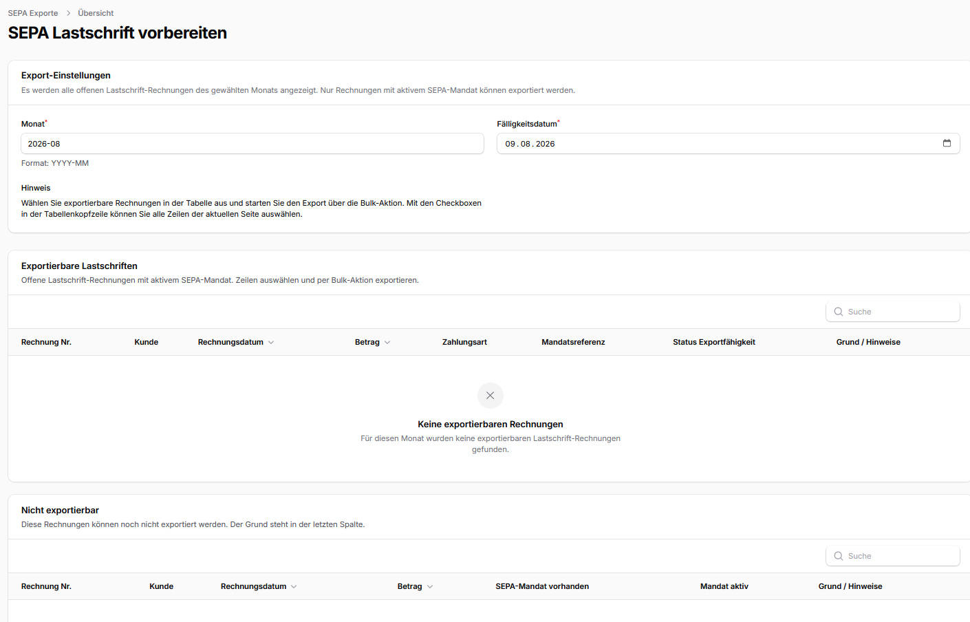 Vorbereitung eines SEPA-Exports in CleanOrbit