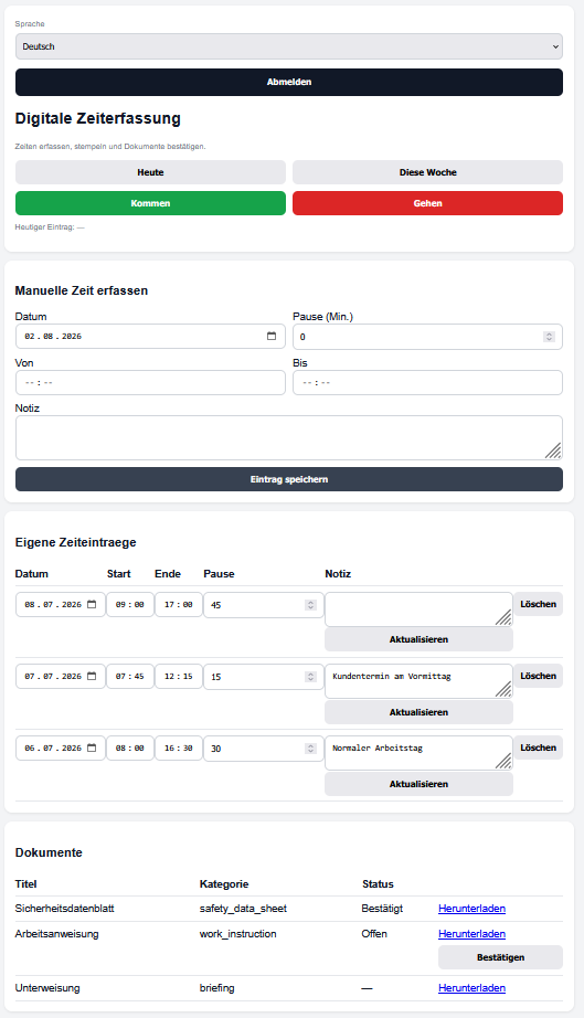 Digitales Mitarbeiterportal von CleanOrbit für Zeiterfassung und Dokumente